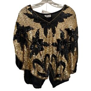 VTG Swee Lo Sequin Flowers Batwing Top Silk Boho Festival Disco‎ Black Gold